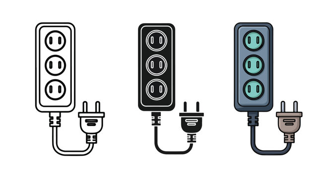 Electric power strip outlet extension cord icons - Minimalist, flat icon, outline, glyph, linear, clipart, sticker - icon set