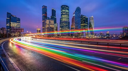 Highway with rainbow light trails and modern city buildings, dynamic urban transport concept for nightlife, speed, architecture and city energy themes, long exposure look, vivid colors, realistic © Coosh448