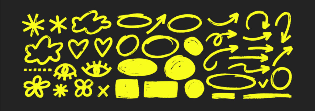 Handwritten arrows, stars, and eyes with brush strokes create playful doodle icons on textured backgrounds for kids' graphic designs and stickers. Yellow vector illustration.