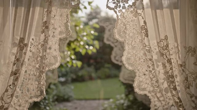 Delicate lace curtains gently billow in a sunlit window, revealing a lush garden view