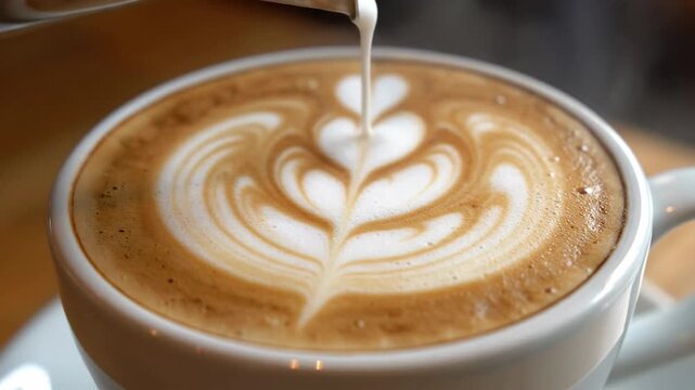 Delicate latte art with frothy milk patterns created on a warm coffee beverage inside a white cup