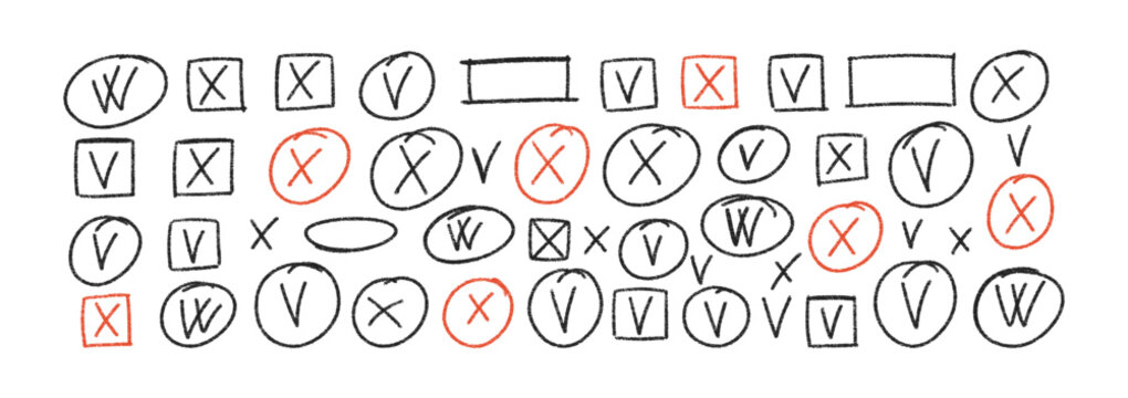 Hand-drawn doodle check marks and crosses in crayon texture. Sketchy pen strokes, bubbles for emphasis. Perfect for lists, votes, correct answers. Vector illustration.