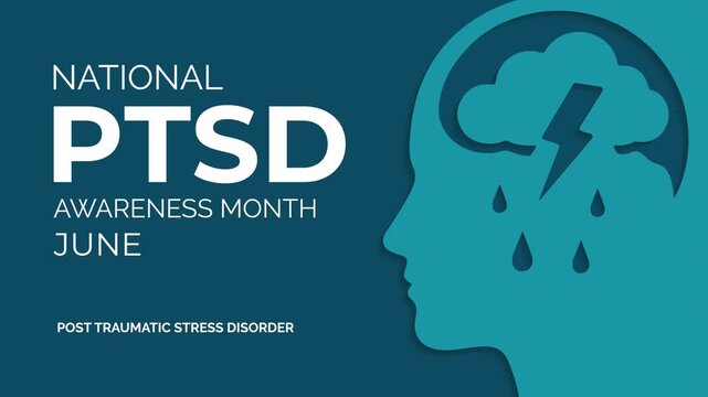 PTSD awareness month animation with contrasting head silhouettes and brain illustration, representing emotional imbalance and mental health conditions in a minimalist style. 4k video animation.
