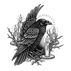 Fototapeta premium Black bird sitting on candles.