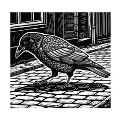 Fototapeta premium Black bird walking on cobblestone street.