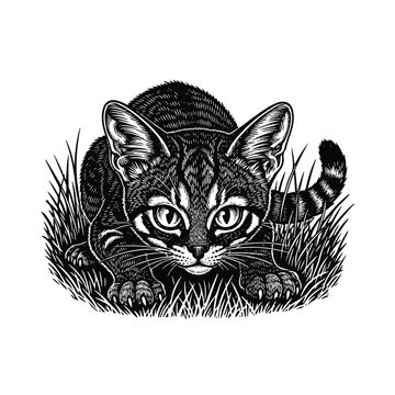 Black and white tabby cat crouching.