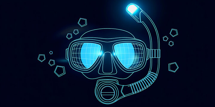 Close-up of a digital wireframe diving mask and snorkel with glowing blue light and abstract shapes in dark water.
