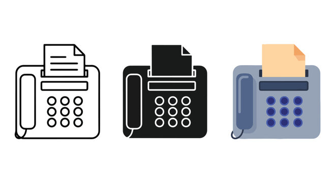 Office fax machine icons in multiple design styles - Line and glyph solid icon and logo template - Clipart, sticker - icon set