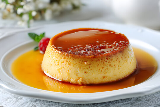 Exquisite Classic Mexican Flan Topped with Cajeta Sauce Served on a Full Plate with Elegant Presentation