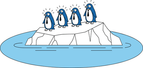 Cute Cartoon Penguins Standing Together on Floating Iceberg Vector Illustration Isolated on White Background for Nature and Wildlife Design © Parvin