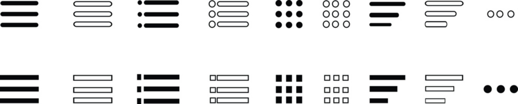 Set of hamburger menu icons. Set. Minimal Set of Hamburger Menu Flat Icons. Mobile app menu icons, vector buttons for website UI navigation. Vector illustration. isolated on transparent background.