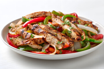 Fototapeta premium Deliciously Grilled Chicken Fajitas Served with Colorful Bell Peppers and Onions on a White Plate