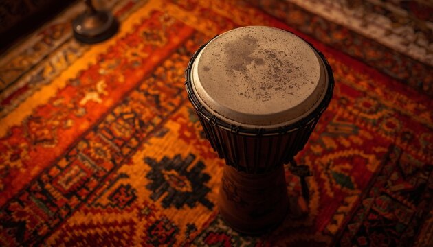 There is a drum sitting on top of a rug on the floor