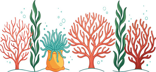 Underwater Coral Reef Illustration with Seaweed, Anemone, and Marine Elements for Ocean Design, Aquarium Graphics, and Tropical Marine Ecosystem Concepts © MstSuborna