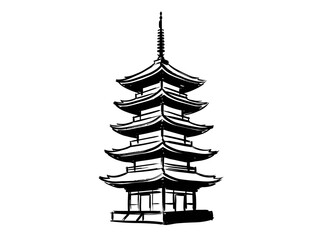 Obraz premium Japanese pagoda temple, traditional asian architecture sketch, thick contour line art, vector illustration, minimalist zen design