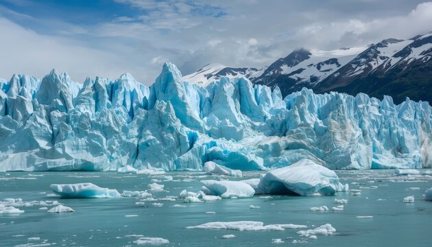 There are many icebergs floating in the water with mountains in the background