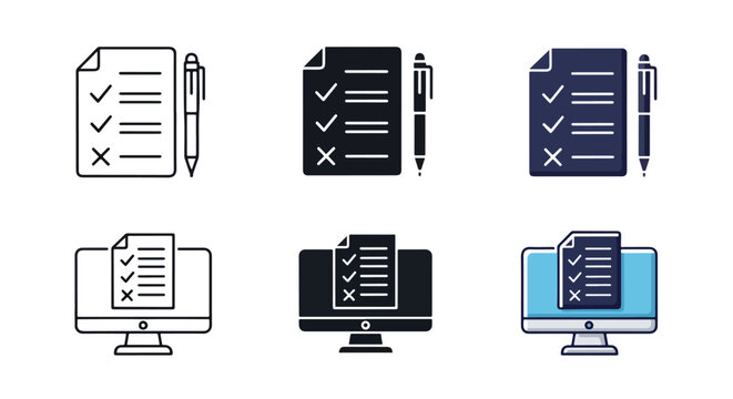 Digital document checklist icons with pen tool - Minimalist, flat icon, outline, glyph, linear, clipart, sticker - icon set