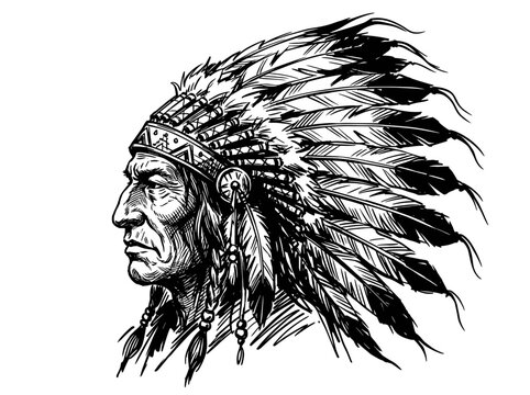 Native American Indian chief portrait, feathered war bonnet, minimalist expressive brush line art, vector illustration