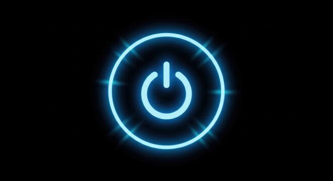 Glowing blue power button on dark background modern technology concept