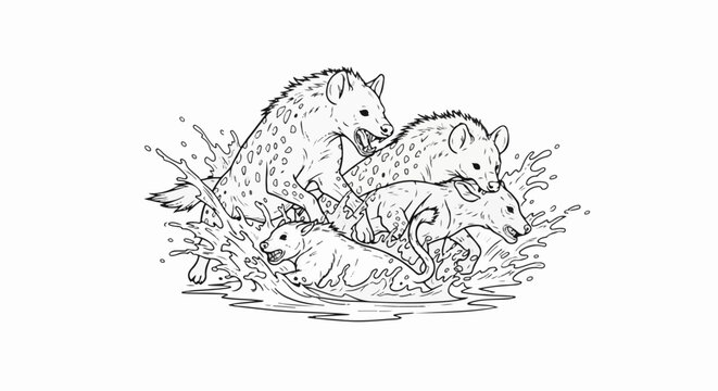 Four spotted hyenas frolicking and splashing in the water