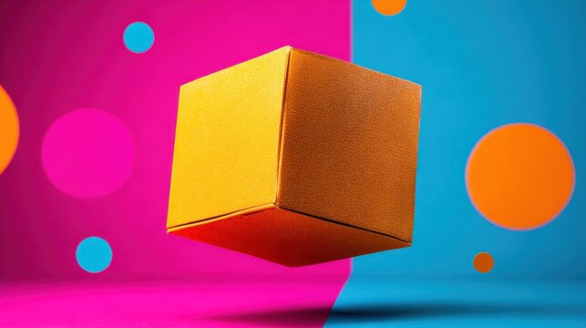 Floating golden cube against divided pink/blue backdrop with scattered colorful dots