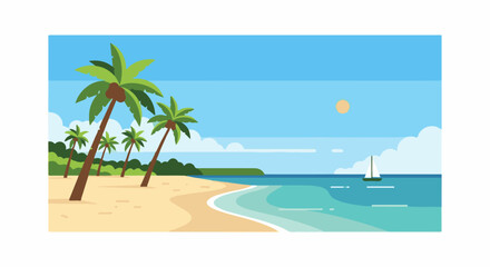 Obraz premium Flat design illustration of a tropical beach with palm trees, ocean, and sailboat