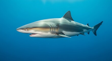 Fototapeta premium Tiger shark swimming in blue ocean.