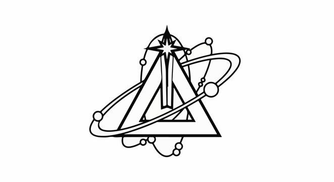 Geometric star symbol with orbiting circles, representing science or space