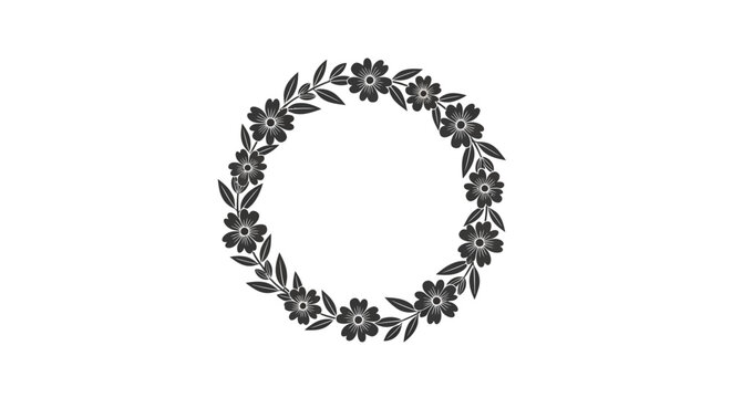 Floral Wreath Circle Border with Flowers and Leaves - Black and White