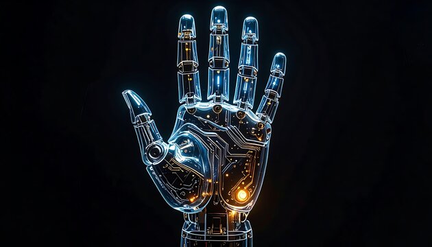 Robotic hand with glowing circuits technology.