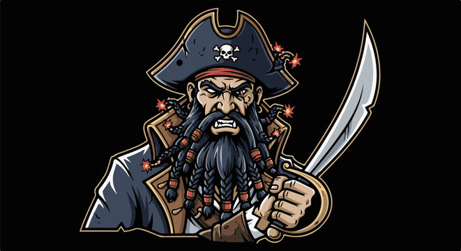 Fierce pirate with braided beard, holding cutlass, wearing tri-corner hat