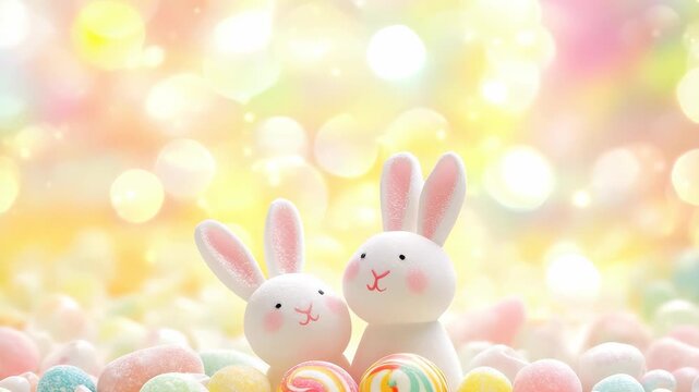 Two small bunny figures stand among pastel colored candy on a bright, colorful background filled with soft lights. This setup creates a cheerful spring vibe for celebration