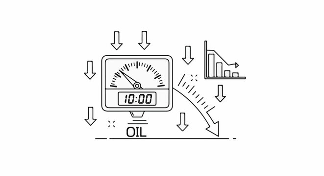 Falling oil levels indicated by gauge, graph, and arrows