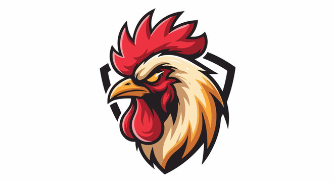 Fierce rooster head emblem with sharp red comb and golden feathers