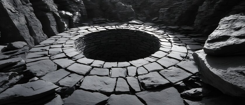 ancient stone well in dark cavern with dramatic lighting and texture