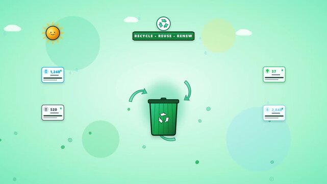 Animated recycling icon with planet Earth and sun, illustrating recycle reuse renew concept