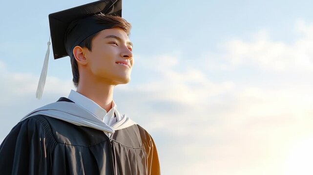 young graduate standing alone confident expression sunlight, minimal background