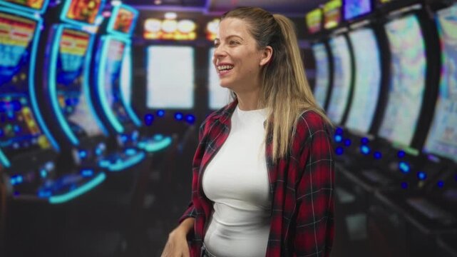 Woman points finger at slot machine in casino building while smiling and waving; celebration greeting.