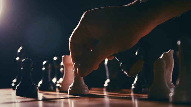 A man moves a pawn that defeats a king. Chess pieces on a board. 1920x1080