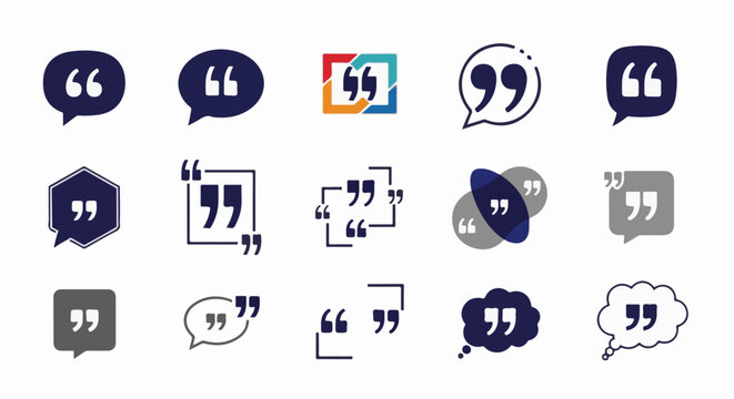 Diverse collection of quote mark icons in various conversational speech bubbles