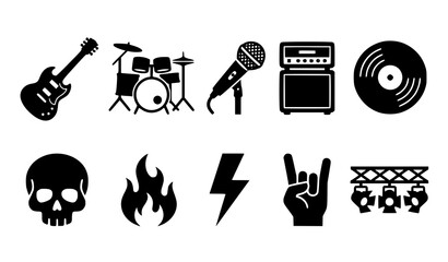Heavy metal and rock music silhouette icons, black vector symbols on white background. © Shakib