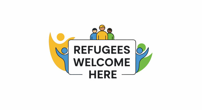 Diverse figures embrace banner proclaiming refugees welcome here