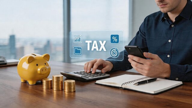 Businessman calculating taxes on calculator with piggy bank stacks of coins and notebook on desk