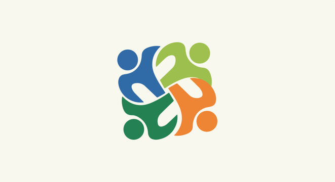 Four abstract figures in blue, green, and orange, interlocked in a circular embrace