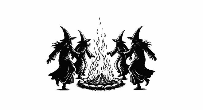 Five robed figures in pointed hats dance around a crackling campfire