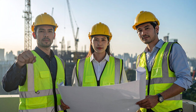 Professional Asian architects and engineers in safety gear review blueprints at a sunrise construction site. Representing teamwork, urban growth, and project success for corporate industries.