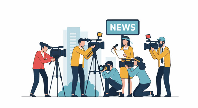 Diverse team of journalists with cameras and microphones reporting news
