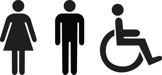 Modern restroom and public facility icons collection featuring male and female toilet symbols, WC signs, accessible wheelchair icons, elevator and escalator pictograms, and minimal line and solid styl © Kamran