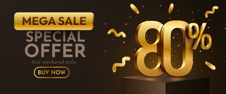 Mega Sale special offer banner with 80 percent discount in gold. Elegant promotional background. Vector illustration