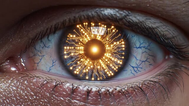 Human eye with digital circuit pattern emphasizing modern aesthetics and minimalist design